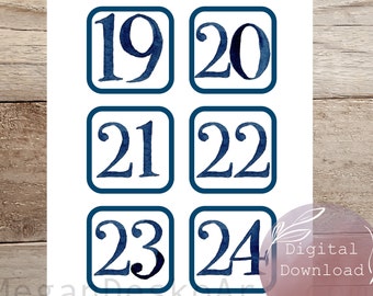 Digital Download Indigo Watercolor Calendar Numbers 3x3 Squares Numbers 1-31 Birthday and Holiday Symbols