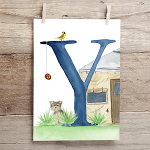 Letter Y Adventure in the Woods Watercolor Print, Letter Y initial art, Nature Themed Alphabet Watercolor Print