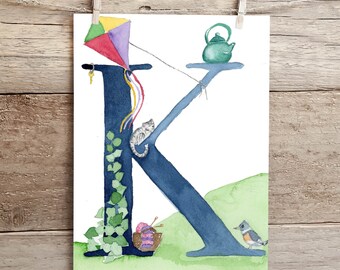 Letter K Teatime in the Garden Watercolor Print, Letter K initial art, Nature Themed Alphabet Watercolor Print