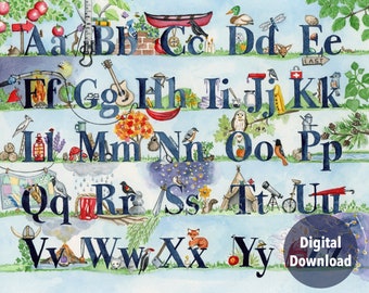 Digital Download Adventure in the Woods Alphabet Watercolor poster download, Horizontal upper and lower case letters with illustrations