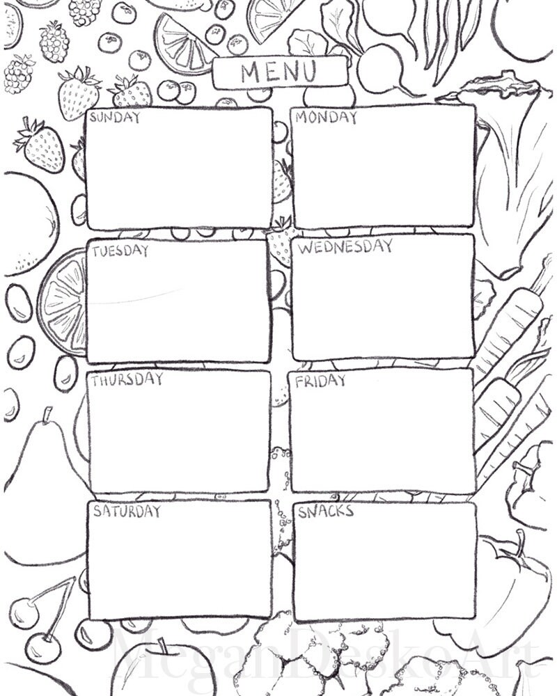 Printable Watercolor Menu Page; Fruit and Veggie Menu; Colorable Fruit ...