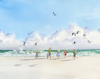 Children Chasing Seagulls Seaside Watercolor Print; Children on beach painting; Gulf Shores Alabama Art