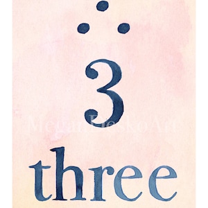 May include: A watercolor illustration of the number three with the word "three" written below it on a pink background.