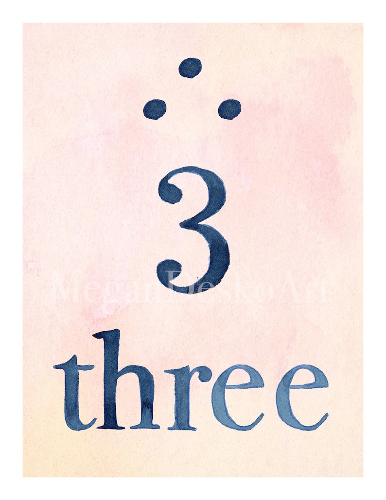 May include: A watercolor illustration of the number three with the word "three" written below it on a pink background.