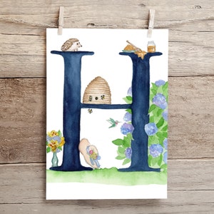 Letter H Teatime in the Garden Watercolor Print, Letter H initial art, Nature Themed Alphabet Watercolor Print