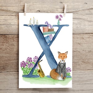 Letter X Teatime in the Garden Watercolor Print, Letter X initial art, Nature Themed Alphabet Watercolor Print
