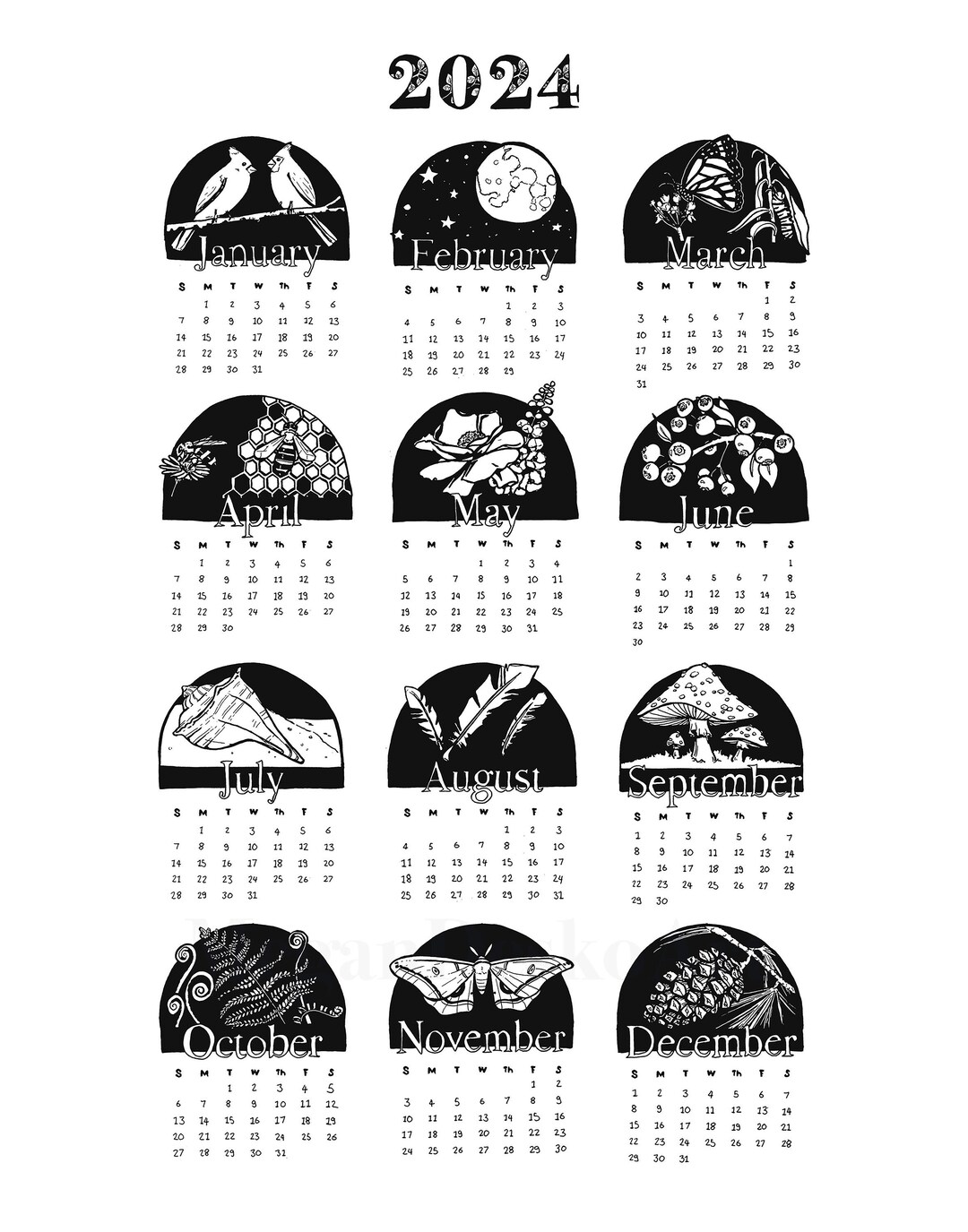 2024 year at a glance nature themed calendar download 4 sizes black