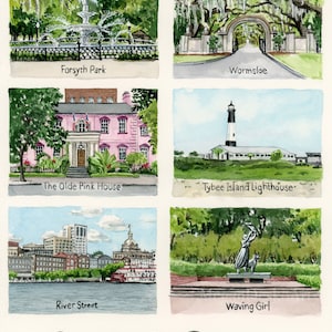A Tour of Savannah Watercolor Print, Forsyth Fountain Painting, Downtown Savannah Watercolor, River Street Savannah, Wormsloe, Pink House