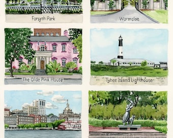 A Tour of Savannah Watercolor Print, Forsyth Fountain Painting, Downtown Savannah Watercolor, River Street Savannah, Wormsloe, Pink House