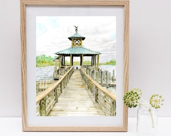 Dock on Mobile Bay Watercolor Painting, Mobile, Al Art, Dock Watercolor