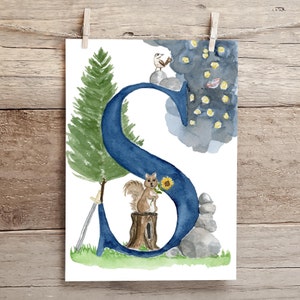 Letter S Adventure in the Woods Watercolor Print, Letter S initial art, Nature Themed Alphabet Watercolor Print