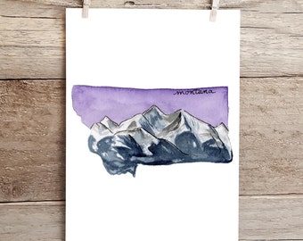 Montana Mountains State Silhouette Watercolor Print