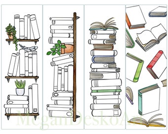 Digital Download bookshelf bookmark reading log, colorable, watercolor set