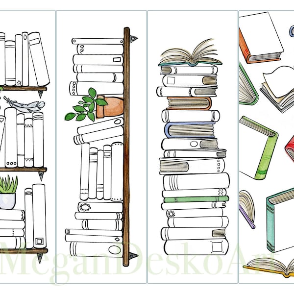 Digital Download bookshelf bookmark reading log, colorable, watercolor set