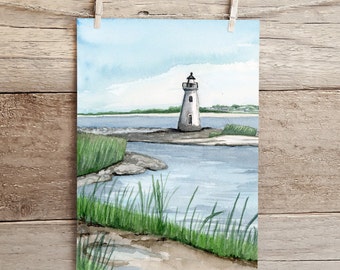 Lighthouse in Savannah Georgia Watercolor Print, Cockspur Lighthouse at Fort Pulaski, Savannah River Lighthouse Watercolor Print