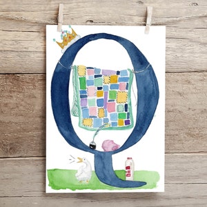 Letter Q Teatime in the Garden Watercolor Print, Letter Q initial art, Nature Themed Alphabet Watercolor Print