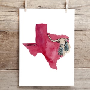 Texas Longhorn and bluebonnet state Silhouette Watercolor Print