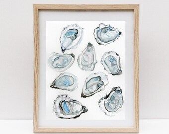 Oyster Study in Blue, Oyster Collection Watercolor, Ocean Life Watercolor, Beach Watercolor