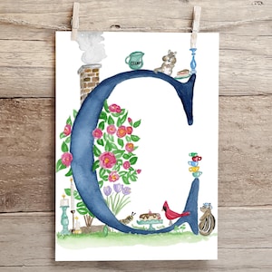 Letter C Teatime in the Garden Watercolor Print, Letter C initial art, Nature Themed Alphabet Watercolor Print