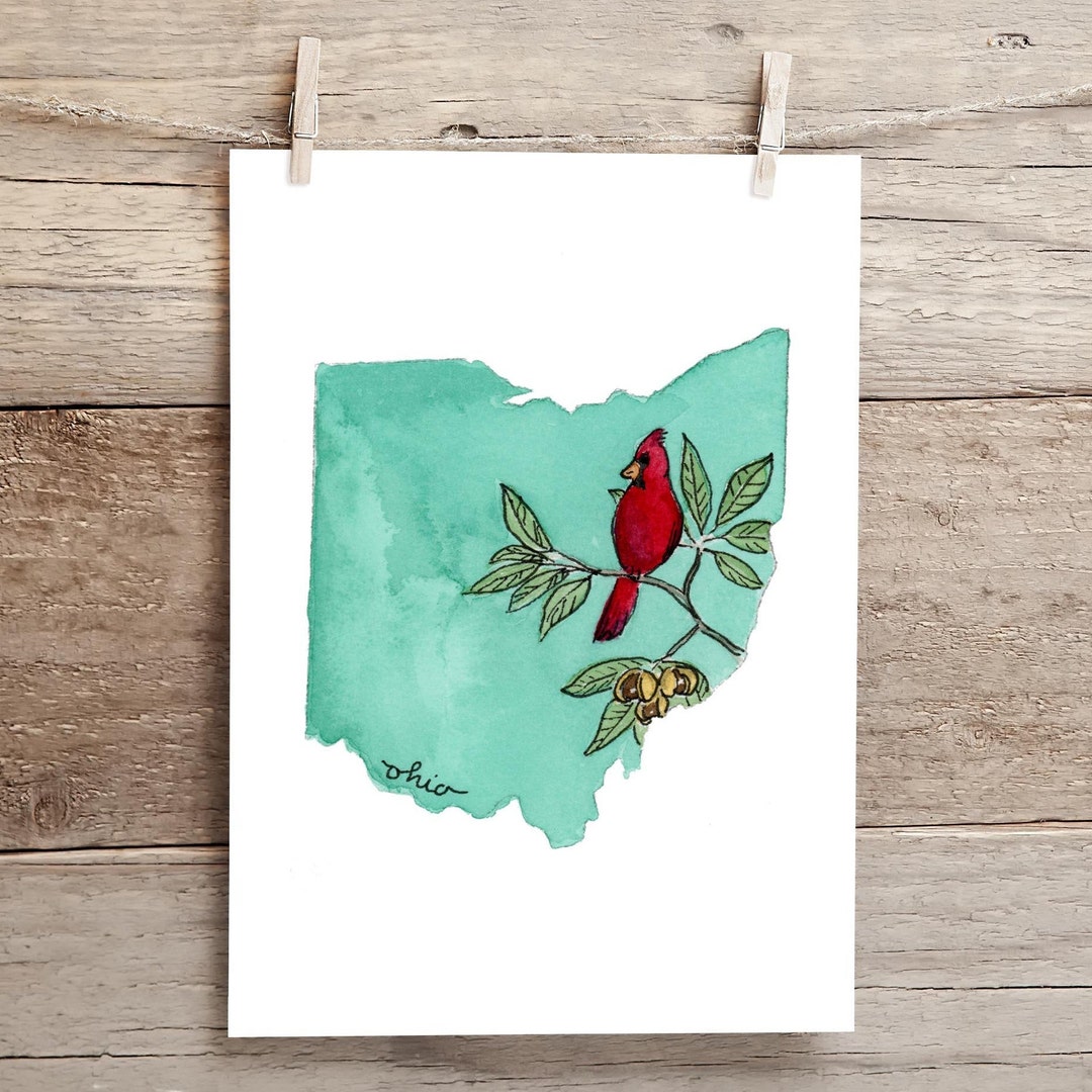 Ohio Cardinal and Buckeyes State Silhouette Watercolor Print - Etsy
