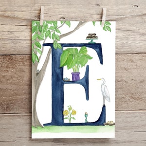 Letter E Teatime in the Garden Watercolor Print, Letter E initial art, Nature Themed Alphabet Watercolor Print