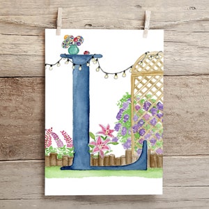 Letter L Teatime in the Garden Watercolor Print, Letter L initial art, Nature Themed Alphabet Watercolor Print