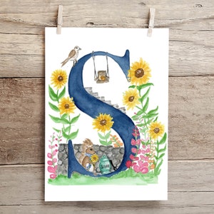 Letter S Teatime in the Garden Watercolor Print, Letter S initial art, Nature Themed Alphabet Watercolor Print