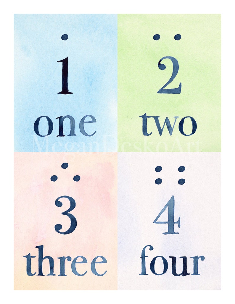 May include: A watercolor illustration of the numbers one through four with the words "one", "two", "three", and "four" written below each number.