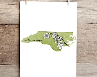North Carolina Dogwoods State Silhouette Watercolor Print