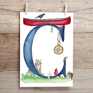 Letter C Adventure in the Woods Watercolor Print, Letter C initial art, Nature Themed Alphabet Watercolor Print
