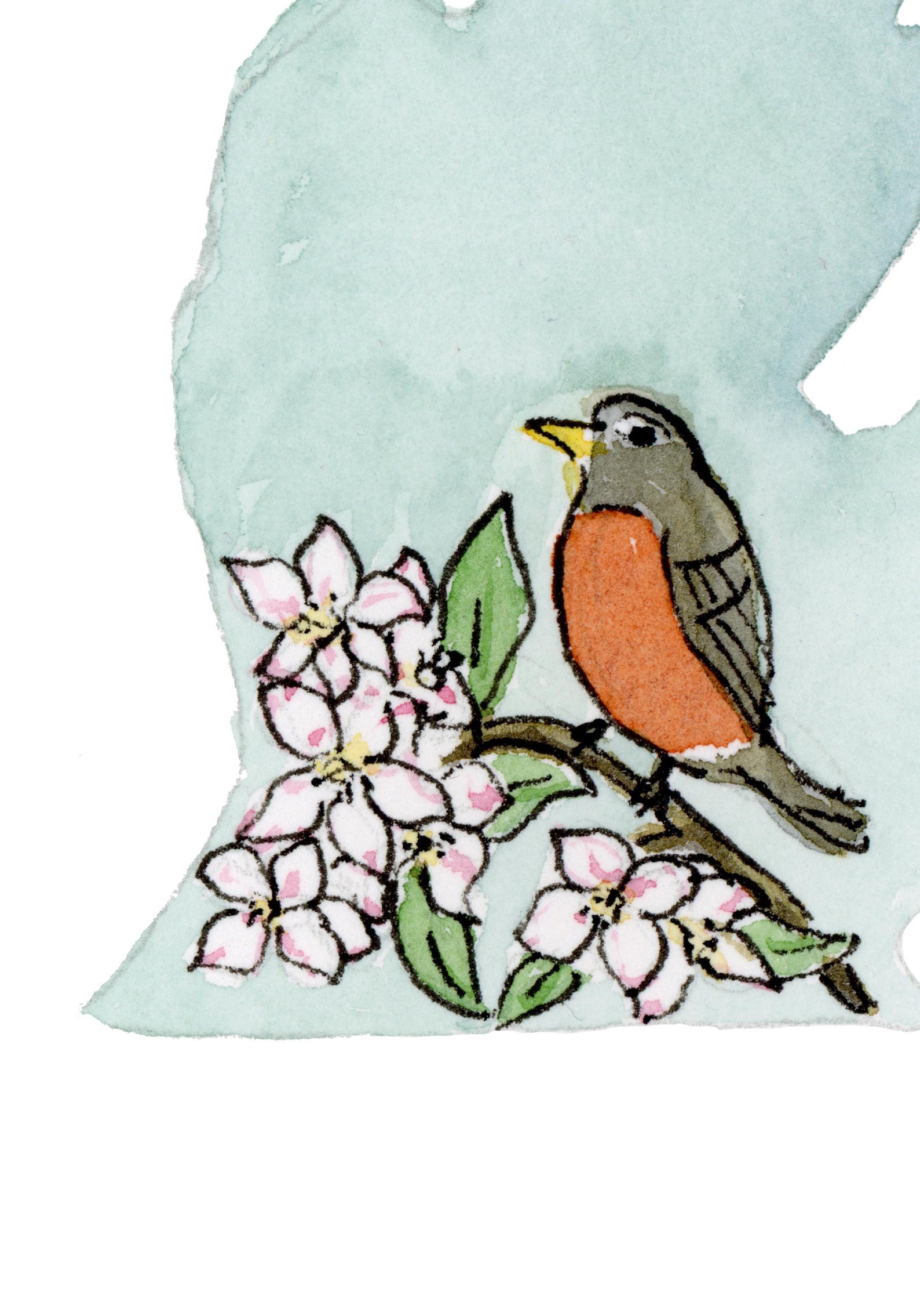 Michigan Robin and Apple Blossoms State Symbol Silhouette Watercolor ...