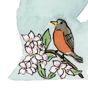 Michigan Robin and Apple Blossoms State Symbol Silhouette Watercolor ...