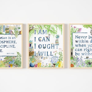 Set of Three Charlotte Mason Quote Watercolor Prints, I am I can I ought I will, Education is an atmosphere, never be within doors