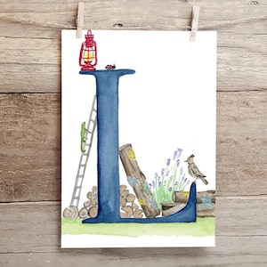 Letter L Adventure in the Woods Watercolor Print, Letter L initial art, Nature Themed Alphabet Watercolor Print