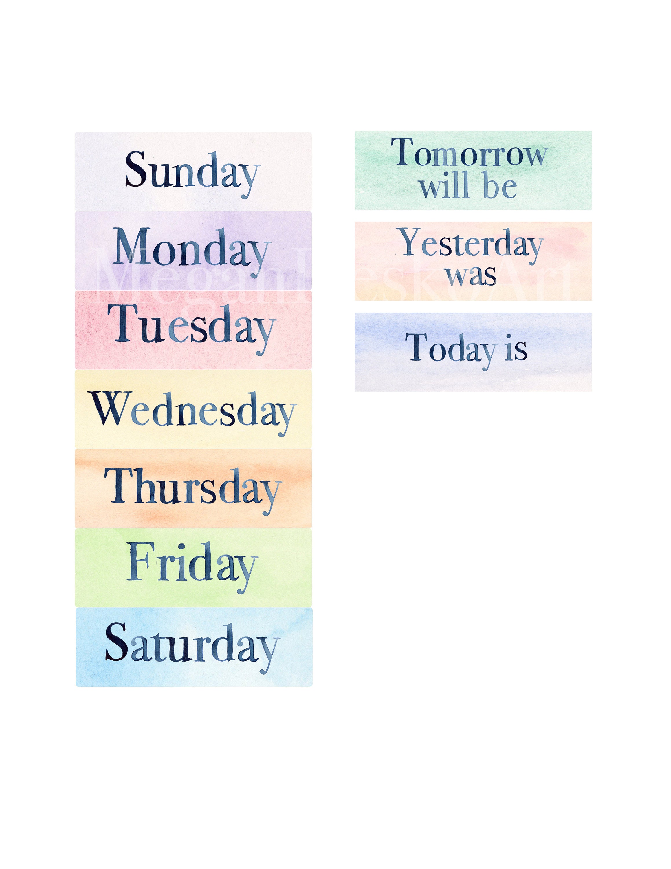 Printable Watercolor Days of the Week Cards; Pocket Chart Days of the ...