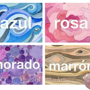 Descarga digital Colores en español, Tarjetas flash en color en español, Carteles en color de acuarela en español en el aula, Recurso de aprendizaje en español,