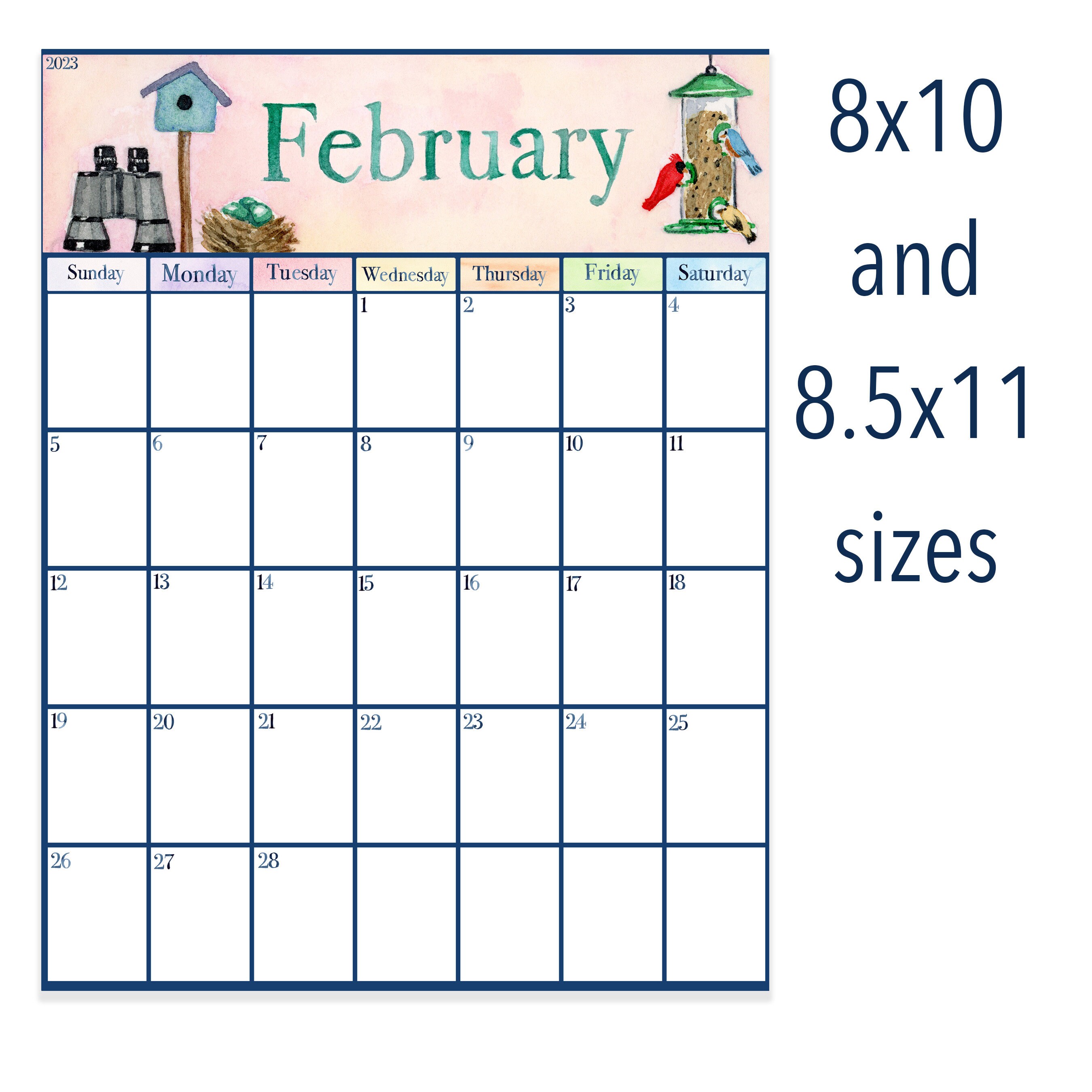 Printable 2023 Watercolor Nature Themed Calendar Full Page Etsy