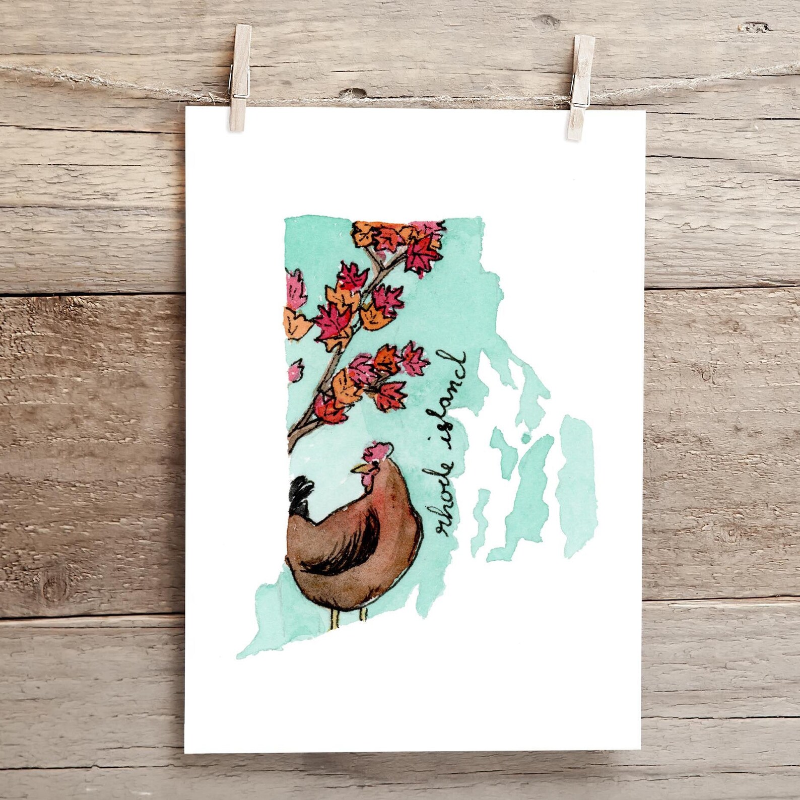 Rhode Island Red Maple and Rhode Island Red State Silhouette Watercolor ...
