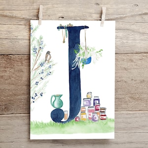 Letter J Teatime in the Garden Watercolor Print, Letter J initial art, Nature Themed Alphabet Watercolor Print
