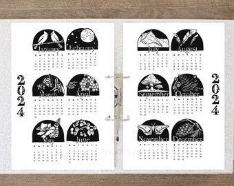 2024 Year at a Glance Nature Themed Calendar, Black and white hand-drawn planner calendar, Two page year at a glance calendar