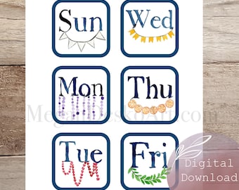 Digital Days of the Week 3.5x5 Watercolor Card, Waldorf Day of Week Color Cards, Printable Calendar