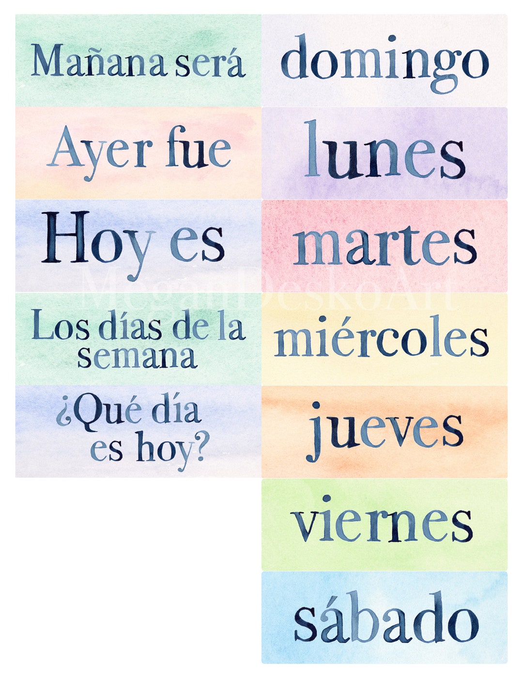Printable Watercolor Spanish Days of the Week Cards; Spanish Pocket ...