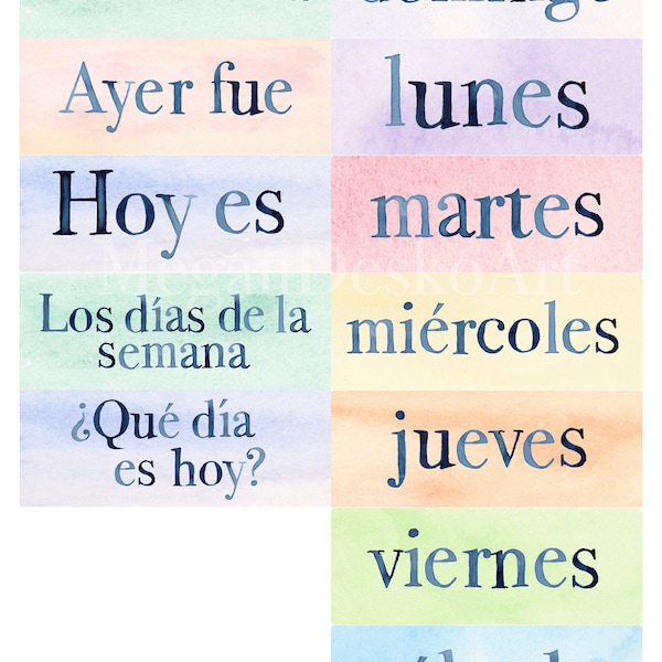 Printable watercolor Spanish days of the week cards; Spanish pocket chart days of the week, Waldorf Day of Week Color Cards