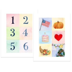 Descarga digital Indigo Acuarela Calendario Números 3x3 y 2.5x2.5 pulgadas Cuadrados Números 1-31 Símbolos de cumpleaños y vacaciones