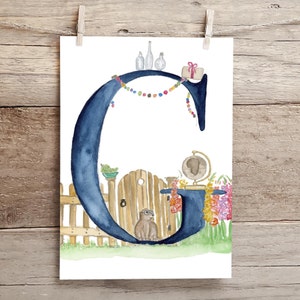 Letter G Teatime in the Garden Watercolor Print, Letter G initial art, Nature Themed Alphabet Watercolor Print