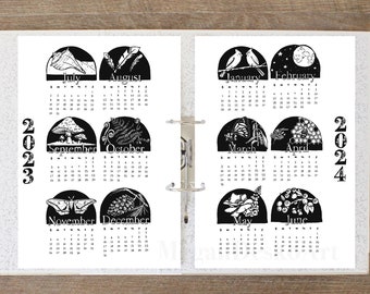 2023-2024 Year at a Glance Nature Themed Calendar, Black and white hand-drawn planner calendar, Two page year at a glance calendar