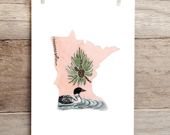 Minnesota Red Pine and Loon Silhouette Watercolor Print