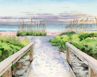 Boardwalk at Sunset; Boardwalk to Beach Watercolor; Sanibel Island Sunset Watercolor