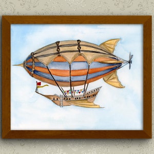 Watercolor Steampunk Airship Print