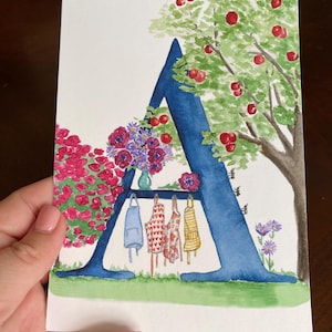 Letter A Teatime in the Garden Watercolor Print, Letter A initial art, Nature Themed Alphabet Watercolor Print